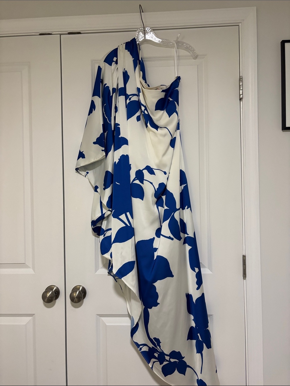 Hutch One-Shoulder Blue and White Floral Draped Dress